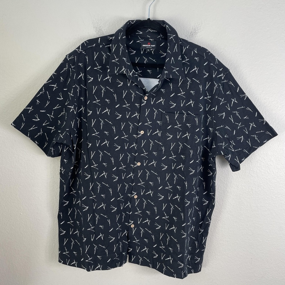 American Giant Shirt Mens XL Black Graphic Print Short Sleeve Button Up Made USA